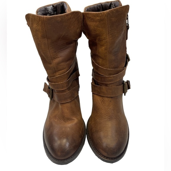 Revolve Steve Madden Raleighh Tall Distressed Buckled Heeled Boots Cognac US 10 - Picture 3 of 10